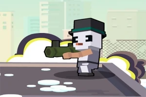 Pixel karakter iført sort hat med en bazooka på en bygningstag i en bybaggrund