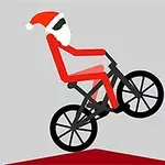 Rød stregfigur med nissehue på cykel, der laver en wheelie på en skrå flade