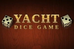 To terninger og teksten Yacht Dice Game i gyldne bogstaver på en brun træbaggrund