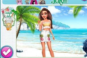 Tegneseriepige i sommeroutfit står på en tropisk strand med palmer og blåt hav i baggrunden