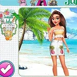 Tegneseriepige i sommeroutfit står på en tropisk strand med palmer og blåt hav i baggrunden
