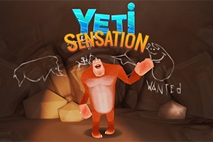En rødbrun Yeti står i en hule omgivet af vægtegninger og teksten Yeti Sensation ovenfor