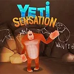 En rødbrun Yeti står i en hule omgivet af vægtegninger og teksten Yeti Sensation ovenfor