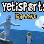 En yeti surfer på en bølge sammen med to pingviner foran en blå himmel og skyer