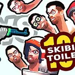 Robotfigur med våben står overfor flere ansigter og teksten Skibidi Toilets 100