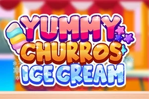 Farverigt logo med teksten Yummy Churros Ice Cream dekoreret med ispind og stjerner