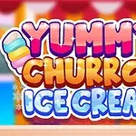 Farverigt logo med teksten Yummy Churros Ice Cream dekoreret med ispind og stjerner