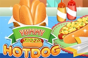 En illustration af hotdogs med farverige toppings, ketchup og sennep på en blå baggrund, med teksten Yummy Hotdog
