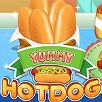 En illustration af hotdogs med farverige toppings, ketchup og sennep på en blå baggrund, med teksten Yummy Hotdog