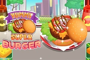 En tegneserieillustration af en saftig burger med salat, tomat og dressing, ved siden af teksten Yummy Super Burger, i en farverig bybaggrund