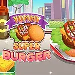 En tegneserieillustration af en saftig burger med salat, tomat og dressing, ved siden af teksten Yummy Super Burger, i en farverig bybaggrund