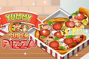 Tegningen viser en lækker pizza med peperoni, oliven, løg og basilikum, ved siden af teksten Yummy Super Pizza