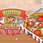 Tegningen viser en lækker pizza med peperoni, oliven, løg og basilikum, ved siden af teksten Yummy Super Pizza