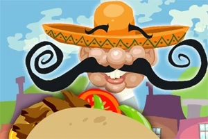 En tegneseriefigur med stor mustache og sombrero smiler bag en taco med grøntsager