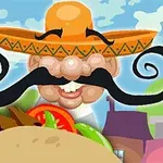 En tegneseriefigur med stor mustache og sombrero smiler bag en taco med grøntsager