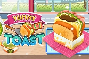 Sandwich med brød, salat, ost og kød vist sammen med farverige grafiske elementer og teksten Yummy Toast
