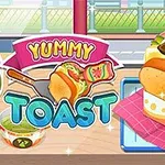 Sandwich med brød, salat, ost og kød vist sammen med farverige grafiske elementer og teksten Yummy Toast