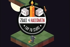 En isometrisk scene med en heks på et flydende kvadratisk plateau med en stor ikon i midten, der viser en tændt lys dekoreret med kranier, og teksten ZBALL 4 HALLOWEEN TAP TO START