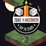 En isometrisk scene med en heks på et flydende kvadratisk plateau med en stor ikon i midten, der viser en tændt lys dekoreret med kranier, og teksten ZBALL 4 HALLOWEEN TAP TO START