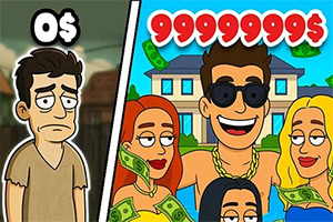 Delt illustration af en trist mand med 0 dollars ved siden af glade, rige personer med penge foran et stort hus