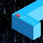 En rød bil kører på en smal, blå platform i et futuristisk rumlandskab med lysende stjerner i baggrunden