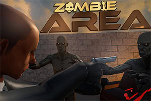 Person skyder mod zombier foran en mur med teksten Zombie Area i baggrunden
