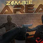 Person skyder mod zombier foran en mur med teksten Zombie Area i baggrunden