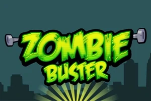 Grønne og sorte bogstaver med teksten Zombie Buster foran en bysilhuet og vægtstænger på hver side