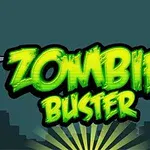 Grønne og sorte bogstaver med teksten Zombie Buster foran en bysilhuet og vægtstænger på hver side