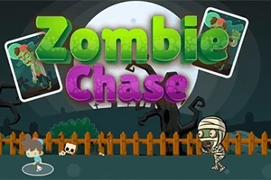 Tegneseriestil billede med teksten Zombie Chase, zombier, en mumie og et hegn foran en månebelyst nattehimmel