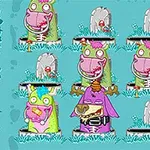 Tegneserie-lignende monstre med grimme ansigter og gravsten omgivet af svampe og græs