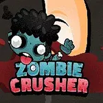 En tegneserieagtig zombie med blå hud ligger i en blodpøl, mens teksten Zombie Crusher er skrevet over den