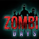 Silhuetter af fem zombier med lysende øjne bag teksten Zombie Days i rød og lilla