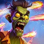 Grøn zombie-lignende skabning med lysende øjne og åben mund omgivet af flyvende ildkugler