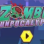 Farverigt logo med ordet ZOMBIE i grønt med et tegnet zombiehoved ved siden af og en gul play-knap nedenunder