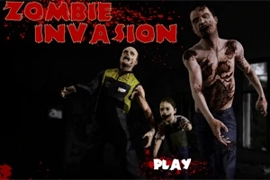 Tre zombier med blodige ansigter og kløvede tøj bevæger sig fremad mod kameraet med titlen Zombie Invasion skrevet i blodrøde bogstaver