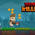 En animeret mand med skæg og gevær løber gennem en kirkegård med en zombie i sportsudstyr og svævende mønter over sig, mens titlen Zombie Killers vises øverst