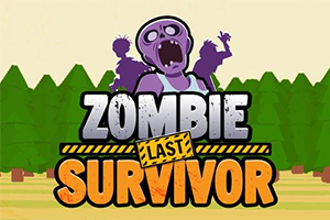 Lilla zombiefigur med åbent gab omgivet af skov og ordene Zombie Last Survivor i gråt og orange
