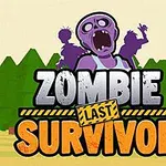 Lilla zombiefigur med åbent gab omgivet af skov og ordene Zombie Last Survivor i gråt og orange