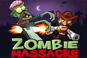 En cowboy med to pistoler skyder mod en zombie med en synlig hjerne under nattehimlen, med teksten Zombie Massacre under