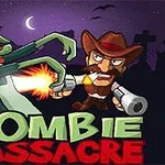 En cowboy med to pistoler skyder mod en zombie med en synlig hjerne under nattehimlen, med teksten Zombie Massacre under