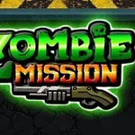 Teksten Zombie Mission i grøn og orange farve med en shotgun-illustration nedenfor, omkranset af en grøn glød