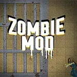 Tekst Zombie Mod over et gitter, to tønder med symboler, og en zombie-figur til højre