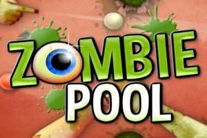 Store bogstaver danner ordet Zombie Pool med et øje som bogstavet O og farvede pletter i baggrunden