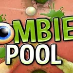 Store bogstaver danner ordet Zombie Pool med et øje som bogstavet O og farvede pletter i baggrunden