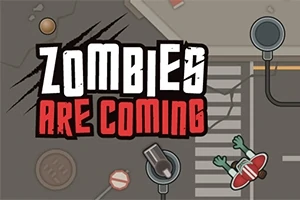Illustration af en gade med en zombie, et fodgængerfelt og teksten Zombies Are Coming i centrum