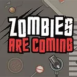 Illustration af en gade med en zombie, et fodgængerfelt og teksten Zombies Are Coming i centrum