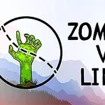 En grøn zombiehånd rækker op fra jorden, omgivet af en cirkel og tekst