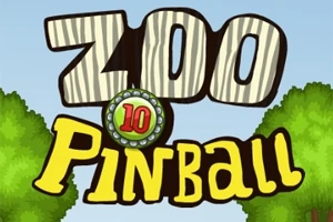 Tekst med Zoo Pinball i stor skrift med et 10-tal indeni en pinball-kugle, omgivet af træer mod en blå himmel