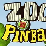 Tekst med Zoo Pinball i stor skrift med et 10-tal indeni en pinball-kugle, omgivet af træer mod en blå himmel